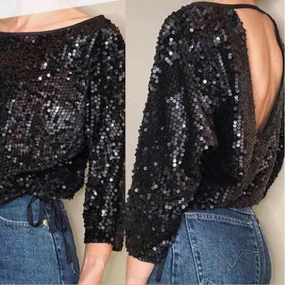 Black Sequin Open Back Crop Top - Picture 1 of 5